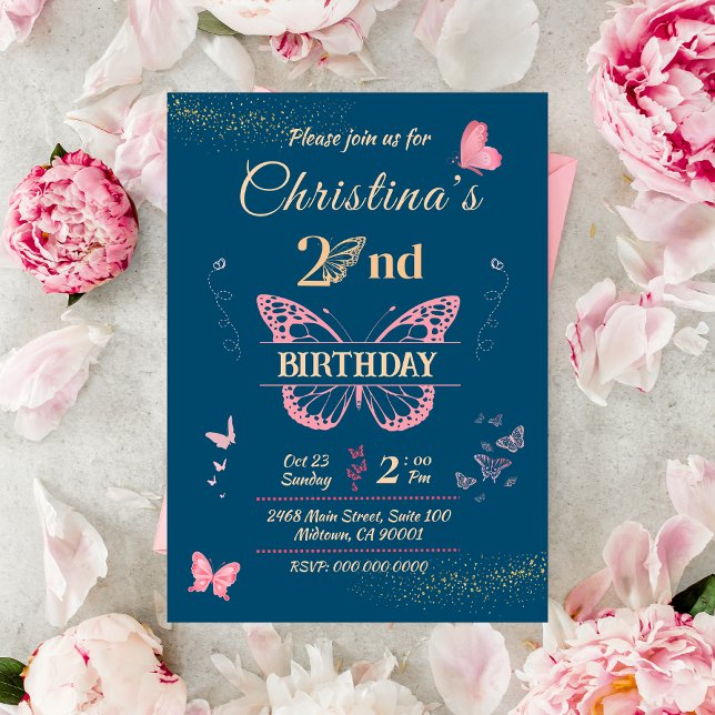 Butterfly wings 2nd birthday blue colour invitatio invitation (Creator Uploaded)