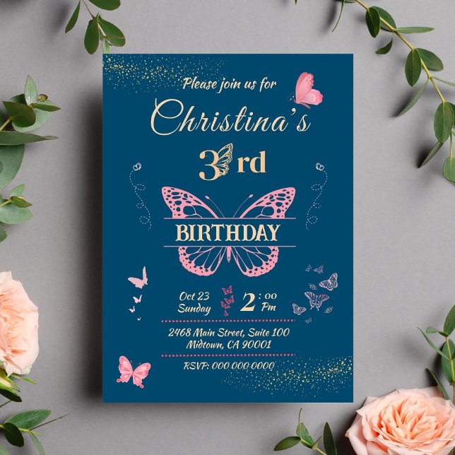 Butterfly wings 3rd birthday blue colour invitatio invitation (Creator Uploaded)