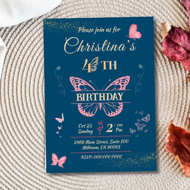 Butterfly wings 4th birthday blue colour invitatio invitation (Creator Uploaded)
