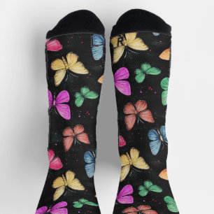 Butterfly Wings Chalk Drawing Pattern Black Socks