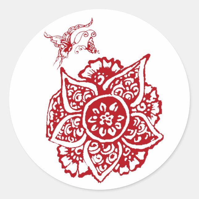 Butterfly with Flower(Henna)(Red) Classic Round Sticker (Front)
