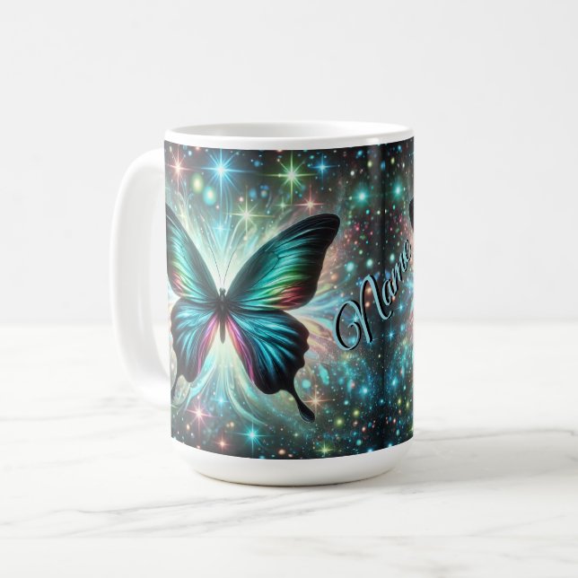 Butterfly with Galactic Glow and Sparkling Stars Coffee Mug (Front Left)