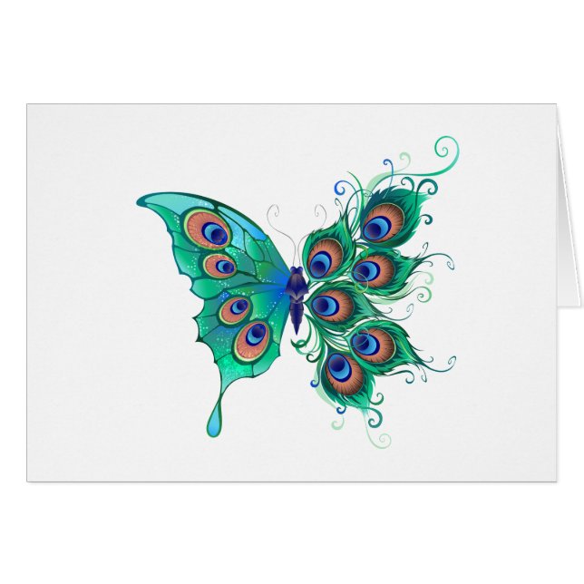 Butterfly with Green Peacock Feathers (Front Horizontal)