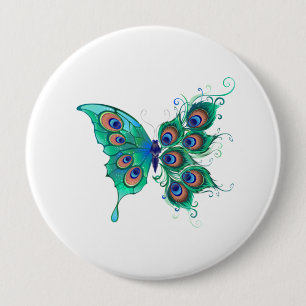 Butterfly with Green Peacock Feathers 10 Cm Round Badge
