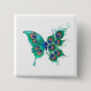 Butterfly with Green Peacock Feathers 15 Cm Square Badge