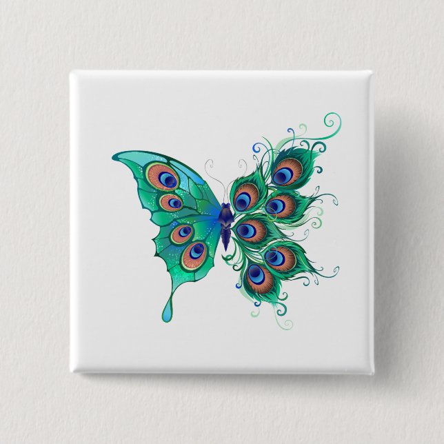 Butterfly with Green Peacock Feathers 15 Cm Square Badge (Front)