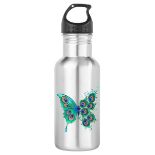 Butterfly with Green Peacock Feathers 532 Ml Water Bottle