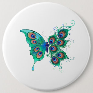 Butterfly with Green Peacock Feathers 6 Cm Round Badge