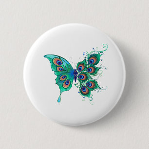 Butterfly with Green Peacock Feathers 6 Cm Round Badge