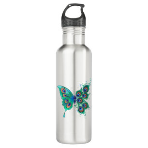 Butterfly with Green Peacock Feathers 710 Ml Water Bottle