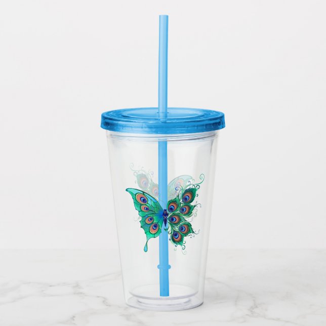Butterfly with Green Peacock Feathers Acrylic Tumbler (Front)