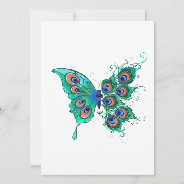 Butterfly with Green Peacock Feathers Announcement (Front)