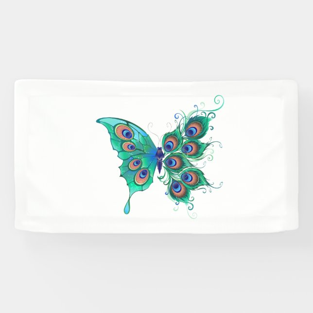 Butterfly with Green Peacock Feathers Banner (Horizontal)