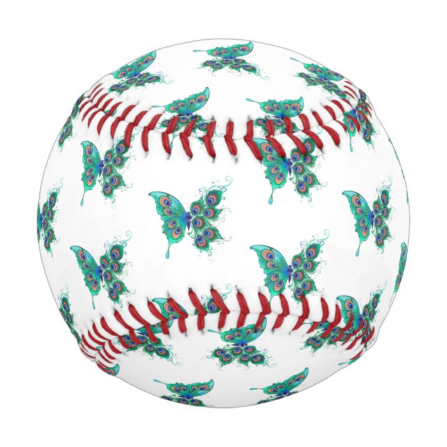Butterfly with Green Peacock Feathers Baseball (Front)