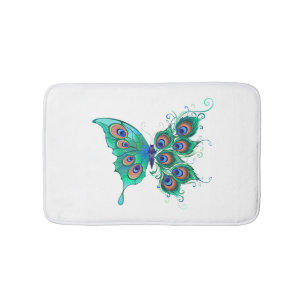 Butterfly with Green Peacock Feathers Bath Mat