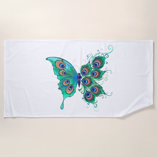 Butterfly with Green Peacock Feathers Beach Towel (Front)