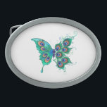 Butterfly with Green Peacock Feathers Belt Buckle<br><div class="desc">Artistically drawn,  fictional,  green,  detailed butterfly with green,  beautiful,  peacock feathers on white background.</div>