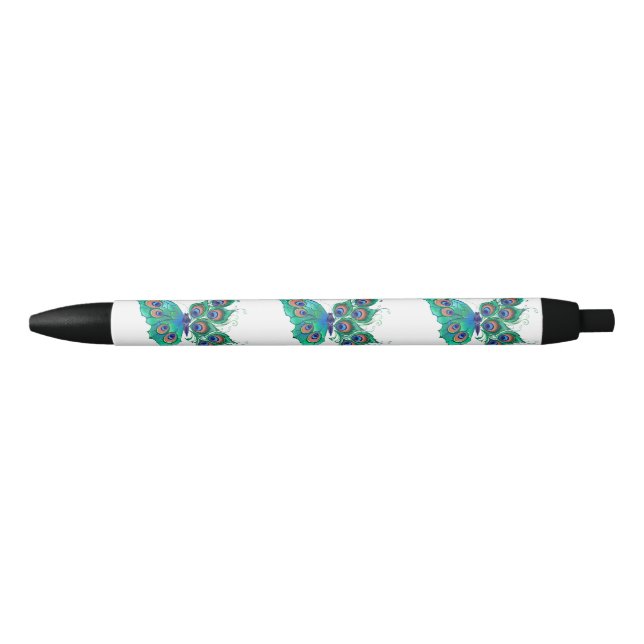 Butterfly with Green Peacock Feathers Black Ink Pen (Front)