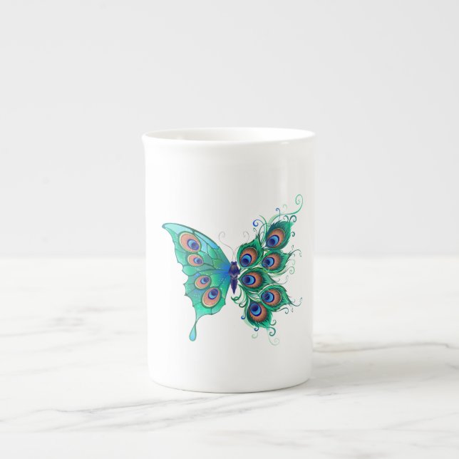 Butterfly with Green Peacock Feathers Bone China Mug (Front)