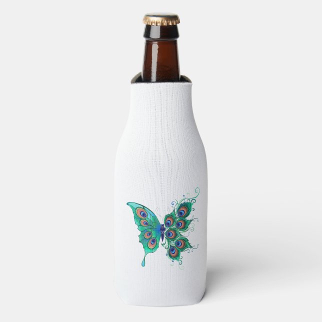 Butterfly with Green Peacock Feathers Bottle Cooler (Bottle Front)