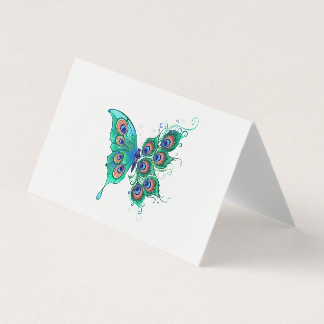 Butterfly with Green Peacock Feathers Business Card (Front)