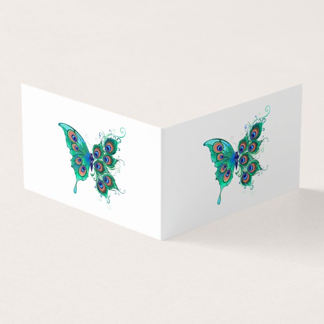 Butterfly with Green Peacock Feathers Business Card (Outside)