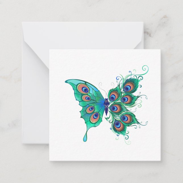 Butterfly with Green Peacock Feathers Card (Front)