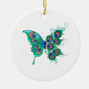 Butterfly with Green Peacock Feathers Ceramic Tree Decoration