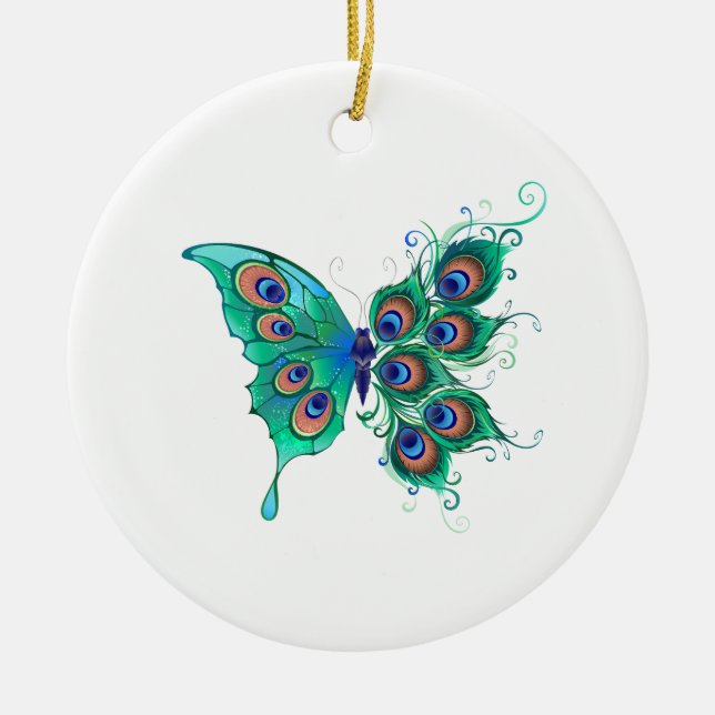 Butterfly with Green Peacock Feathers Ceramic Tree Decoration (Front)