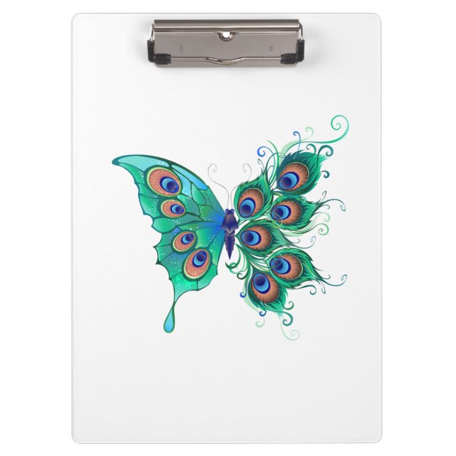 Butterfly with Green Peacock Feathers Clipboard (Front)