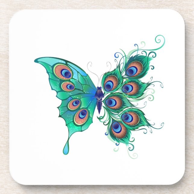 Butterfly with Green Peacock Feathers Coaster (Front)