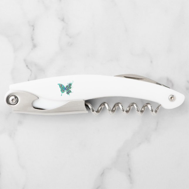 Butterfly with Green Peacock Feathers Corkscrew (Front)