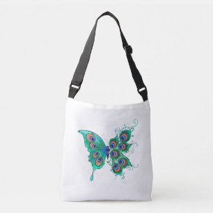 Butterfly with Green Peacock Feathers Crossbody Bag