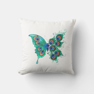 Butterfly with Green Peacock Feathers Cushion