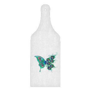 Butterfly with Green Peacock Feathers Cutting Board
