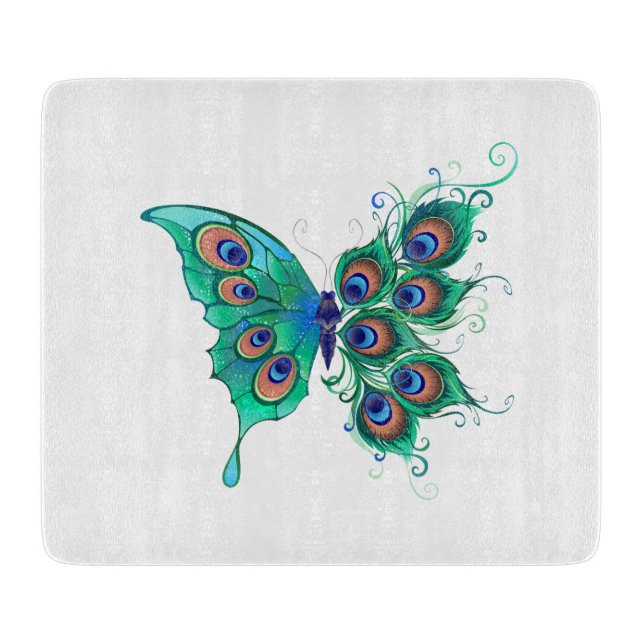 Butterfly with Green Peacock Feathers Cutting Board (Front)