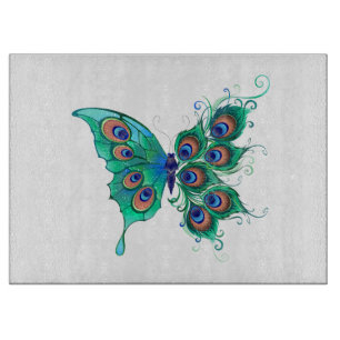 Butterfly with Green Peacock Feathers Cutting Board