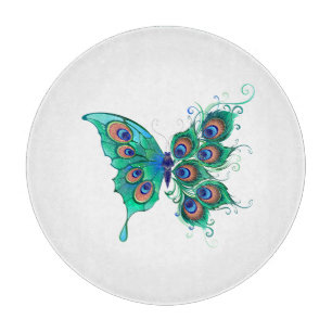 Butterfly with Green Peacock Feathers Cutting Board