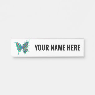 Butterfly with Green Peacock Feathers Door Sign