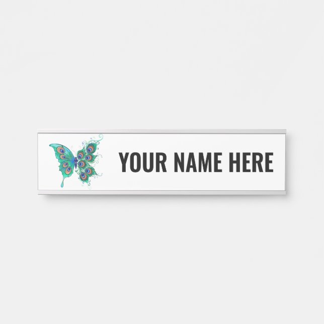 Butterfly with Green Peacock Feathers Door Sign (Front)