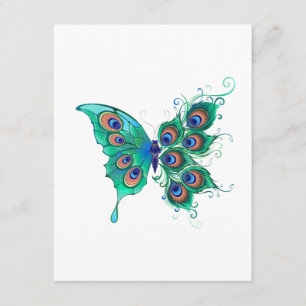 Butterfly with Green Peacock Feathers Enclosure Card