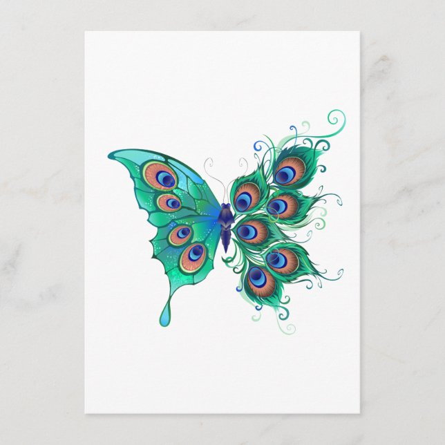 Butterfly with Green Peacock Feathers Enclosure Card (Front)