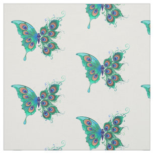 Butterfly with Green Peacock Feathers Fabric