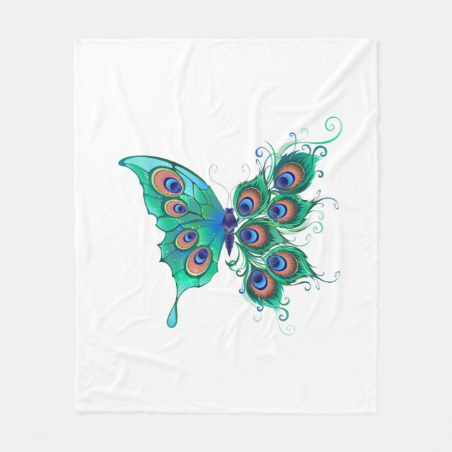Butterfly with Green Peacock Feathers Fleece Blanket (Front)
