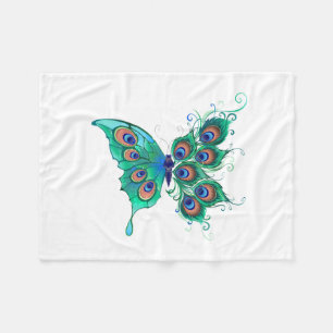 Butterfly with Green Peacock Feathers Fleece Blanket