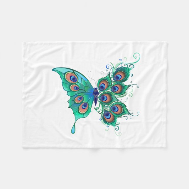 Butterfly with Green Peacock Feathers Fleece Blanket (Front (Horizontal))