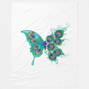 Butterfly with Green Peacock Feathers Fleece Blanket