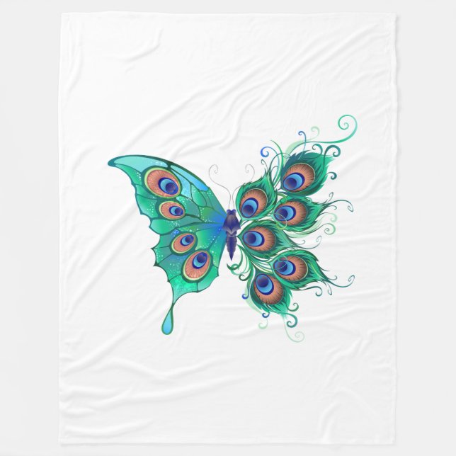 Butterfly with Green Peacock Feathers Fleece Blanket (Front)