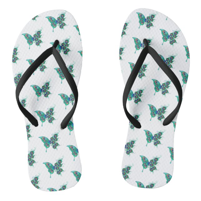 Butterfly with Green Peacock Feathers Flip Flops (Footbed)