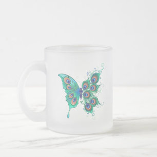 Butterfly with Green Peacock Feathers Frosted Glass Coffee Mug